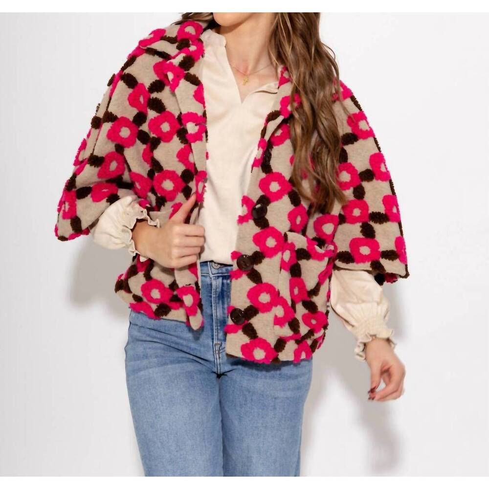 NEW IVY JANE pop flower capelet jacket in brown/pink floral
